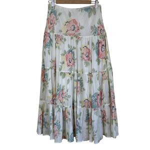 Chaps Womens Sz M Floral Tiered Maxi Skirt Cream Pink Cotton Boho Peasant